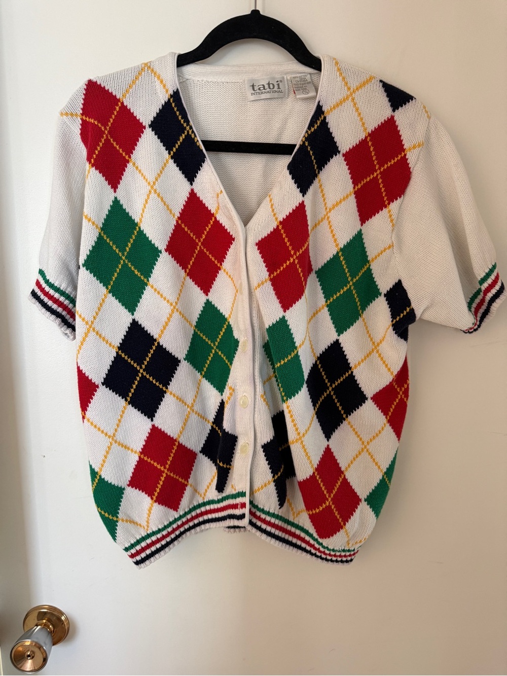 Tabi International 100% Cotton Argyle Short Sleeve Cardigan L Vintage